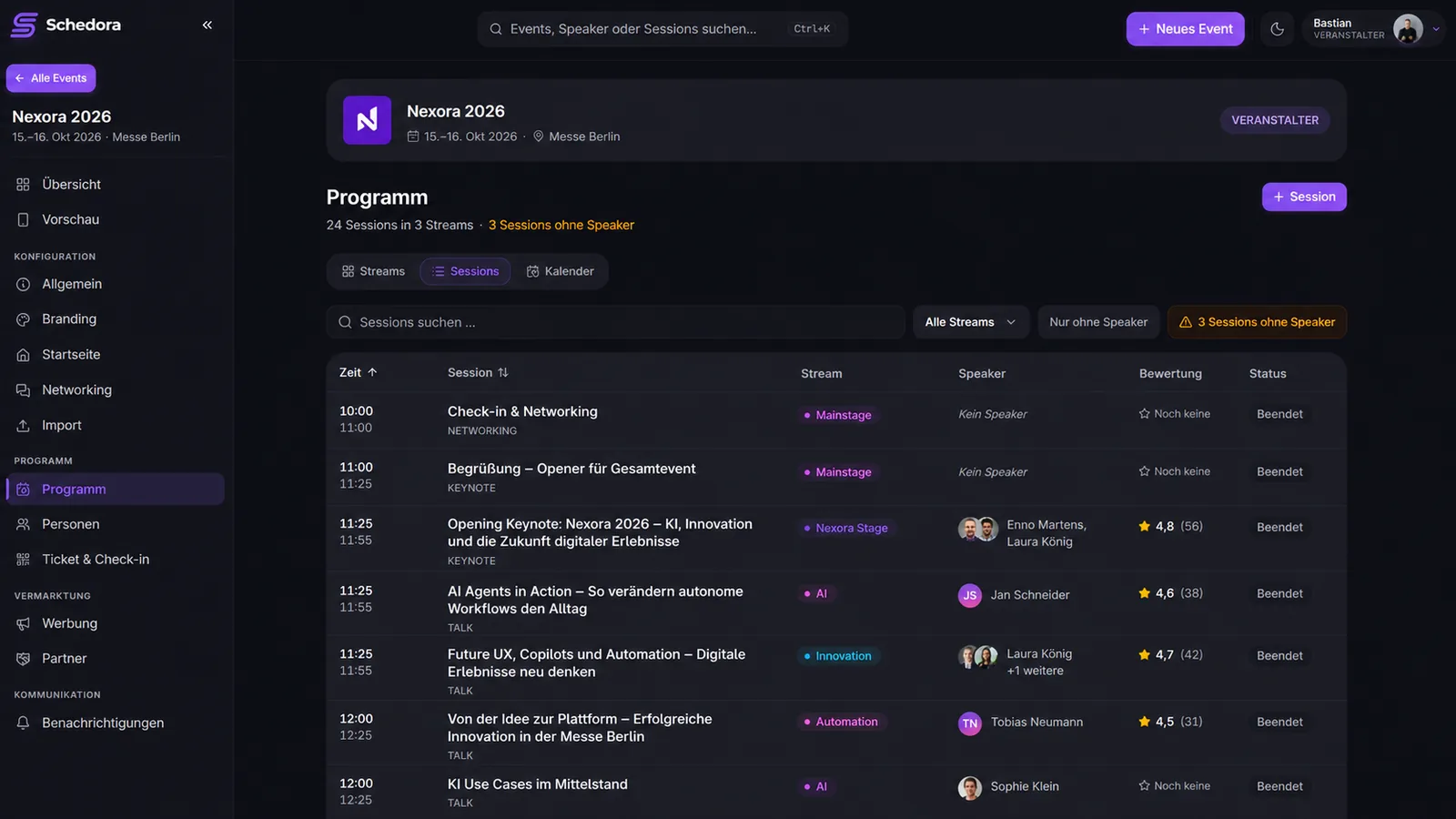 Schedora Admin – Programm · Sessions